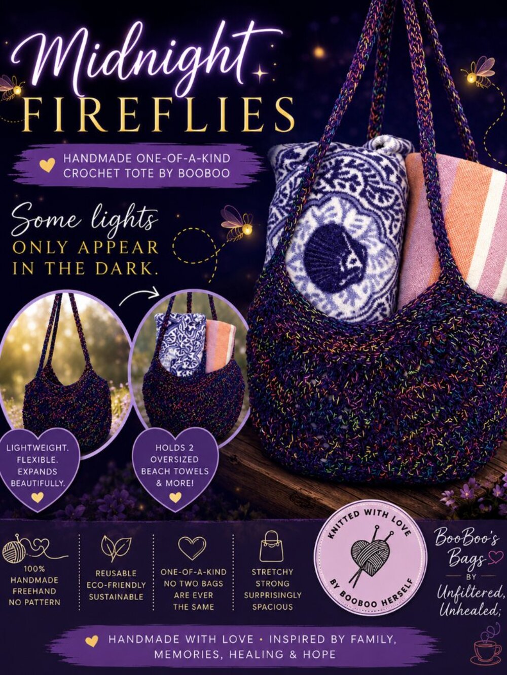 Midnight Fireflies Handmade Crochet Tote Bag | Expandable Beach Market Bag